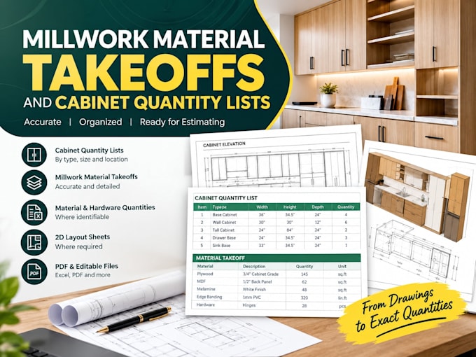 do millwork material takeoffs and cabinet quantity lists