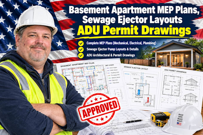 basement apartment mep plans, sewage ejector layouts  adu perm drawings