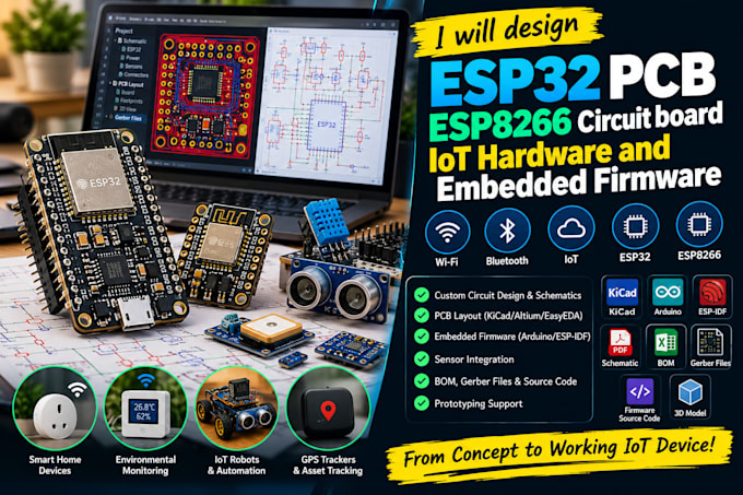 design esp32 pcb, esp8266 circuit board, iot hardware, embedded firmware