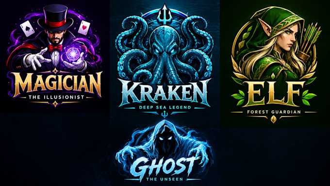 design a professional magician, kraken, elf, ghost logo