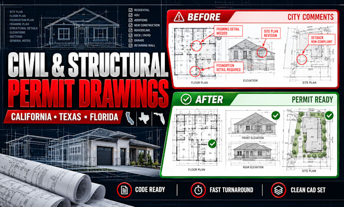 create structural engineering drwaing for california texas florida permit