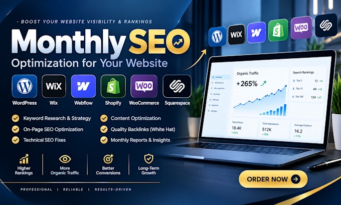 optimize wordpress wix webflow shopify woocommerce squarespace monthly seo