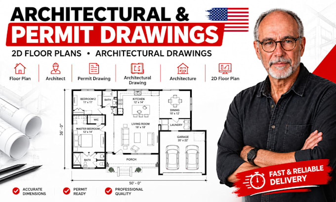 draw 2d floor plan permit drawing and architectural drawing as architect