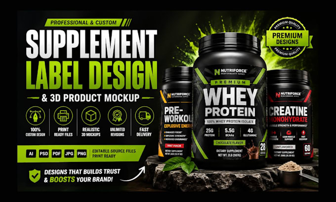 do supplement label design and 3d product mockup for your products