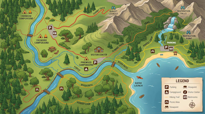 hiking trail map, park map, outdoor recreation map, campsite map, visitor guide