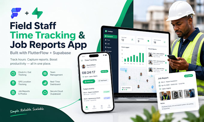 build a flutterflow supabase app for field staff time tracking and job reports