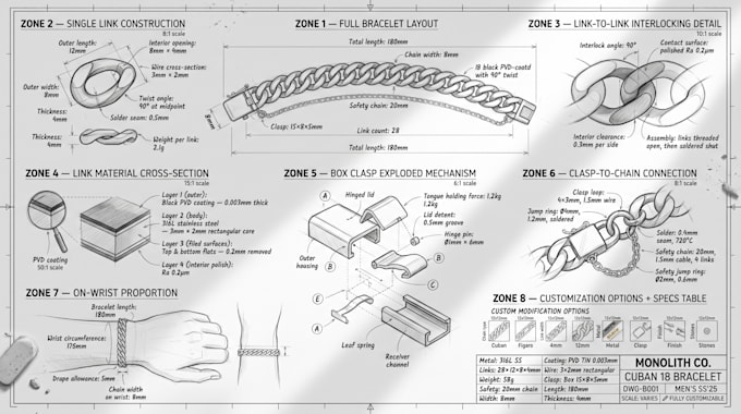 design custom bracelet concept with technical blueprint sketch
