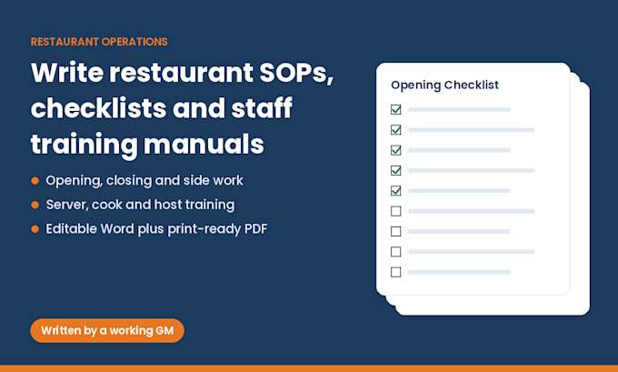 write restaurant sops, checklists and staff training manuals