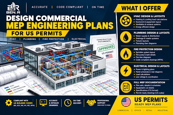 design commercial mep engineering plans for US permits