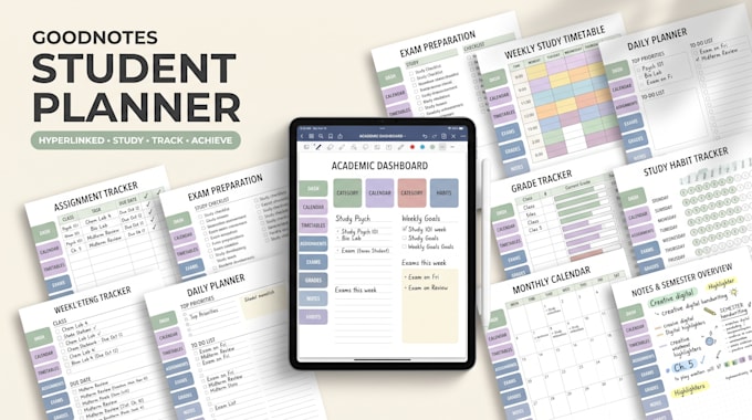 design hyperlinked goodnotes student planner with assignment and exam tracker