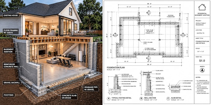 create california and arizona basement addition plans set