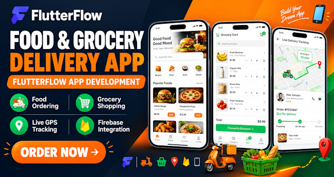 build flutterflow food ordering app, grocery ordering app, delivery tracking