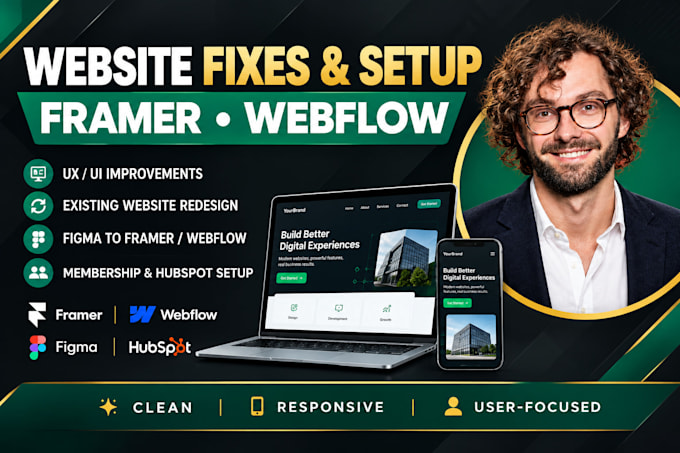 setup framer website, webflow UX fix, membership boho website, figma, hubspot