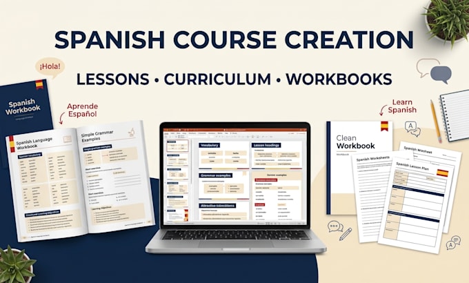create spanish courses, lessons, workbooks, language learning content, voiceover
