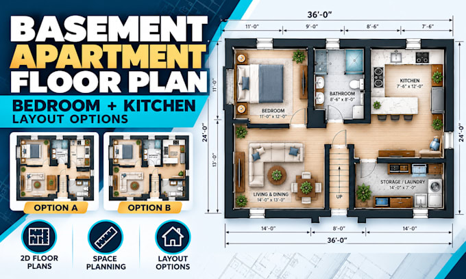 design basement apartment floor plan with bedroom and kitchen layout options