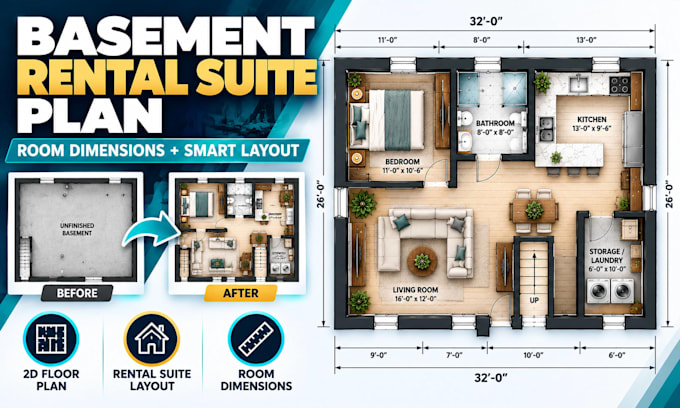 design basement rental suite floor plan with room dimensions and layout