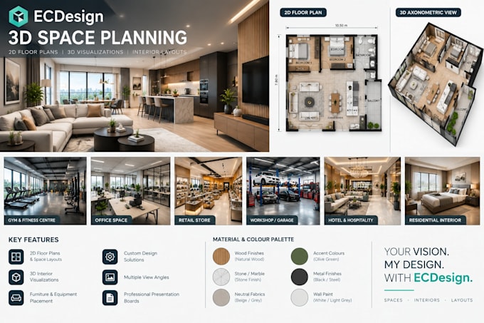 create 3d space designs, gym, interior exterior and floor plans using ecdesign