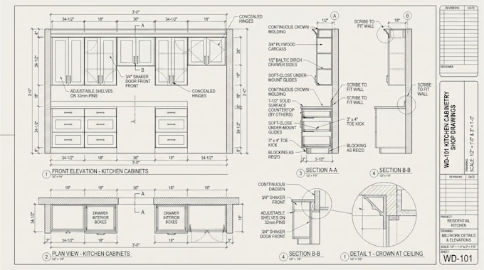 do custom kitchen cabinet, shop drawings and millwork drafting for manufacturing