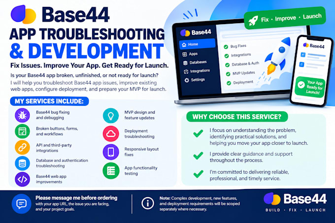 fix base44 app bugs, deploy web apps and improve your mvp