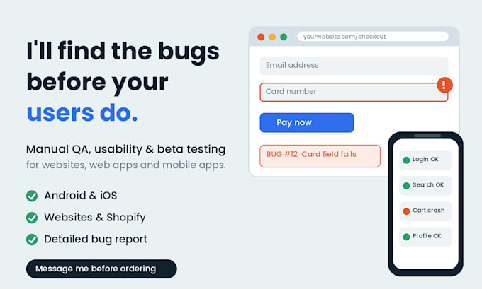 qa testing, app testing, website testing and usability review