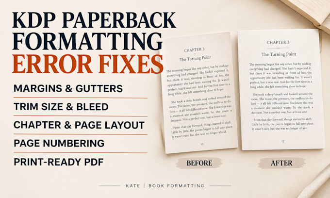 fix amazon KDP paperback formatting, margins and layout errors