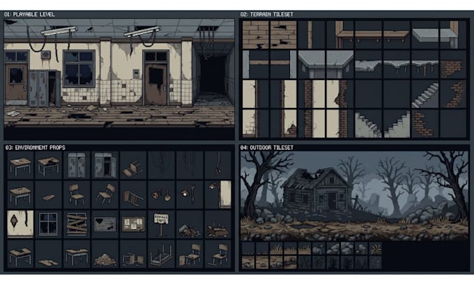 side scrolling horror pixel art tileset and tilemap post apocalyptic game assets