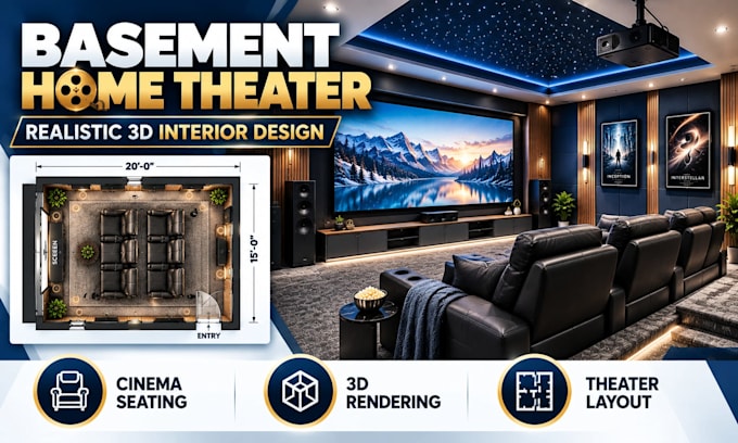 design basement home theater with realistic 3d rendering and seating layout