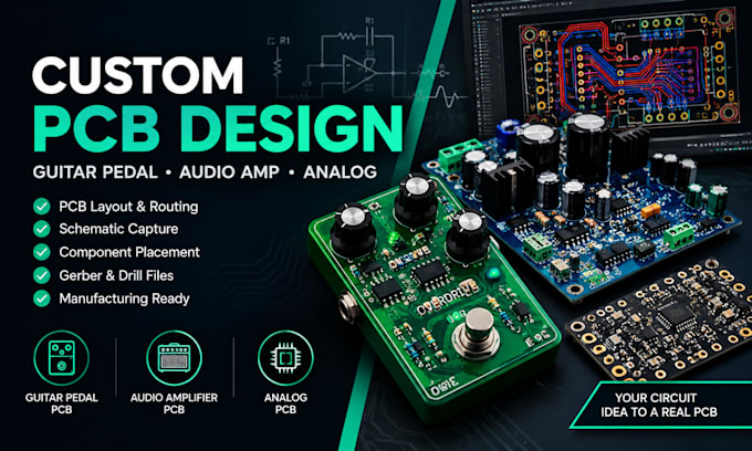 design guitar, audio amplifier, pedal pcb and analog pcb
