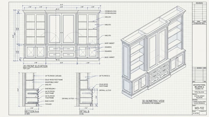 draft 2d 3d architectural millwork, cabinet elevations and shop drawing
