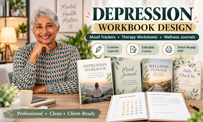 design depression workbook, mood tracking journals and therapy worksheets