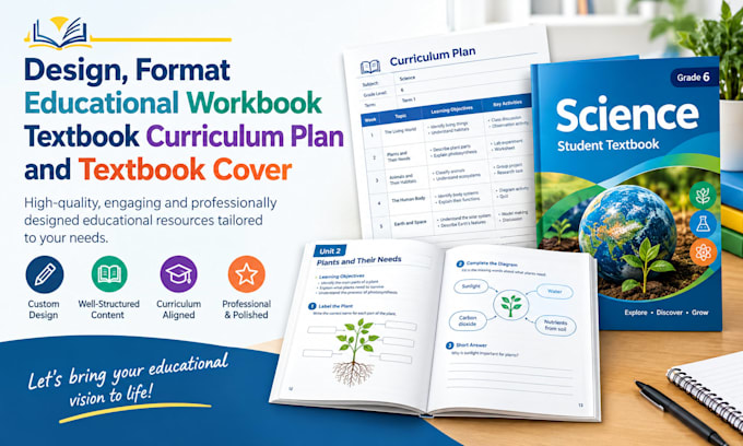 design, format educational workbook textbook  curriculum plan and textbook cover