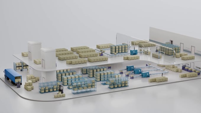 create 3d industrial animation robotic warehouse automation conveyor system
