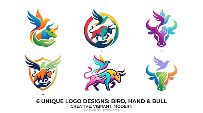 create a bird, hand, and bull logo design
