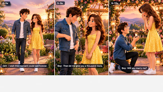 create a 3d animated romantic love story or proposal video