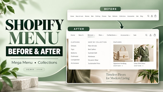 fix shopify menu and mega menu setup, with collection organization