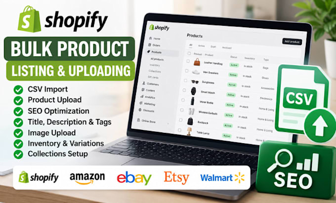 shopify bulk product listing, uploading sync for ebay amazon csvimport with SEO