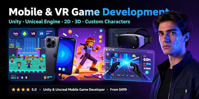 do 2d, 3d mobile game development as unity, unreal engine game vr character