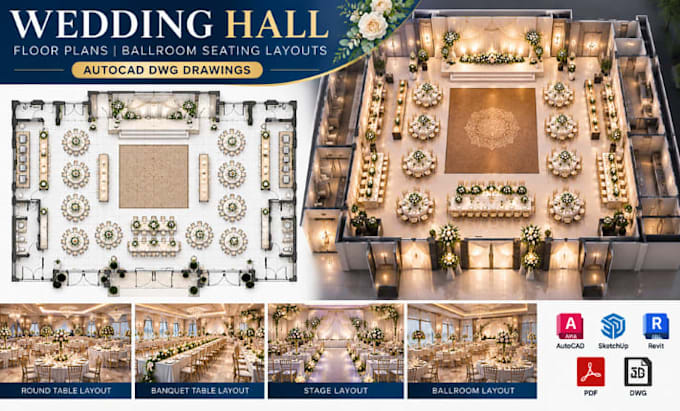 Setup Autocad Create wedding hall floor plans, ballroom seating layouts autocad dwg ...
