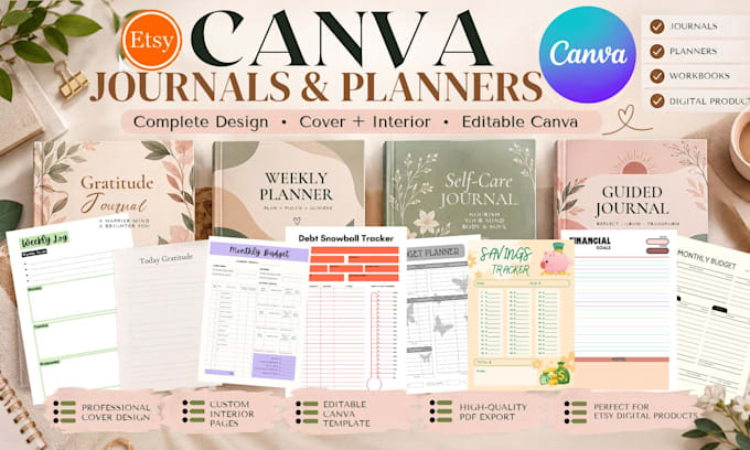 design canva journals, printable planners and editable journal covers