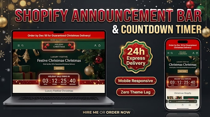 add holiday countdown timer, announcement bar on shopify in 24h