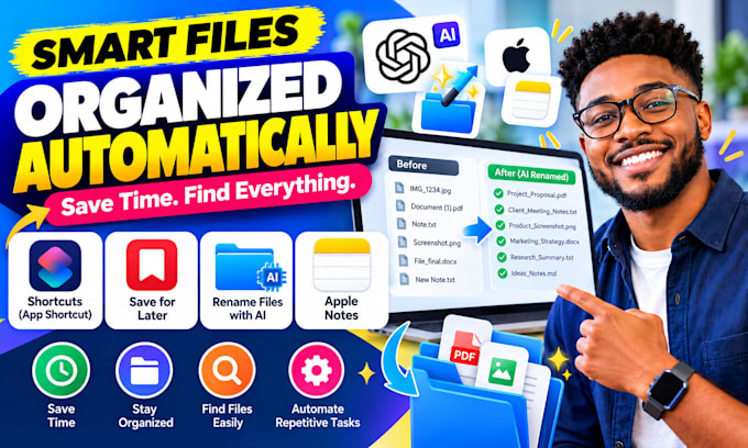 setup app shortcut save for later, rename files with ai, rename apple notes