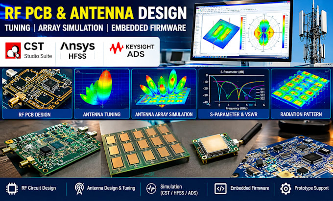 create rf pcb circuit rf antenna tunning, antenna array simulate in cst hfss ads