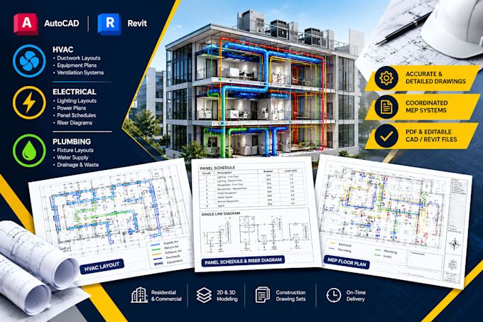 prepare mep drawings, panel schedules, riser diagrams and hvac layouts