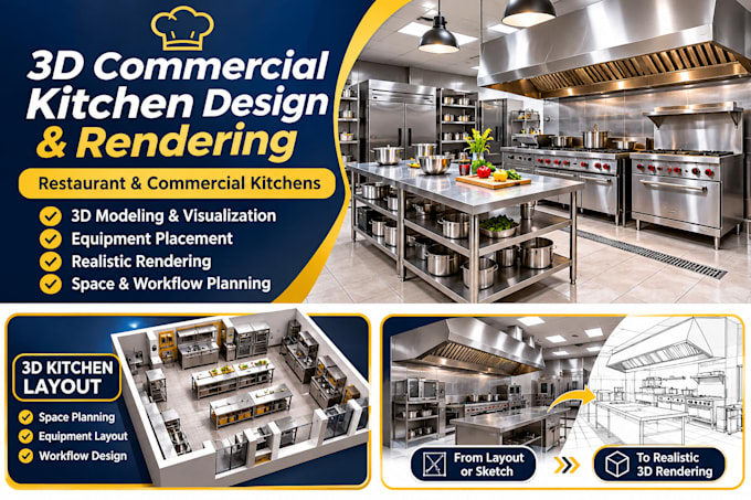 create 3d commercial kitchen design and restaurant kitchen rendering