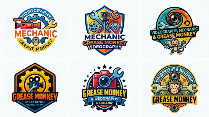 create a videography, mechanic, and grease monkey logo
