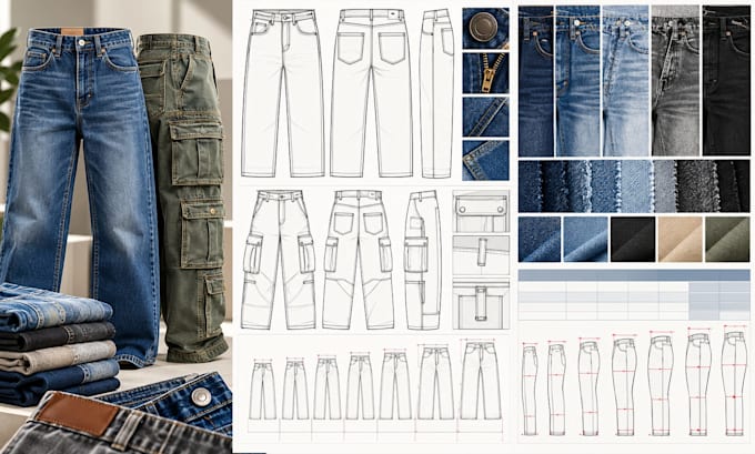 create denim tech pack, jeans cad flats, cargo pants, size grading, factory spec