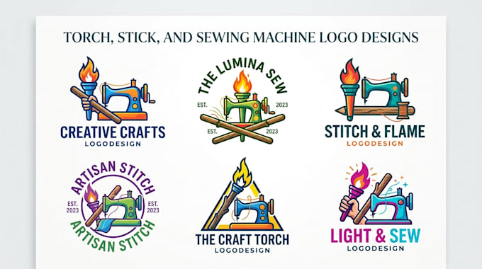 create a torch, stick, and sewing machine logo design