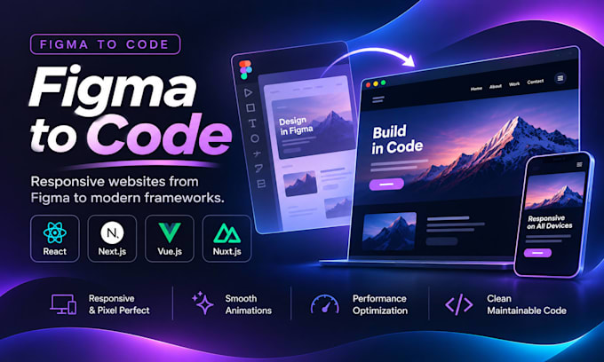 convert figma to react, nextjs, vue, or nuxt website