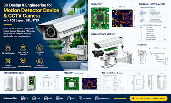 create 3d design motion detector device, cctv camera with pcb layout, stl, step