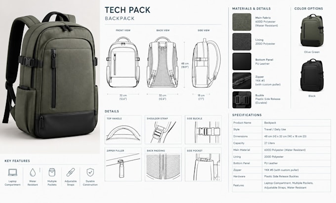 create factory ready bag tech pack and backpack spec sheet